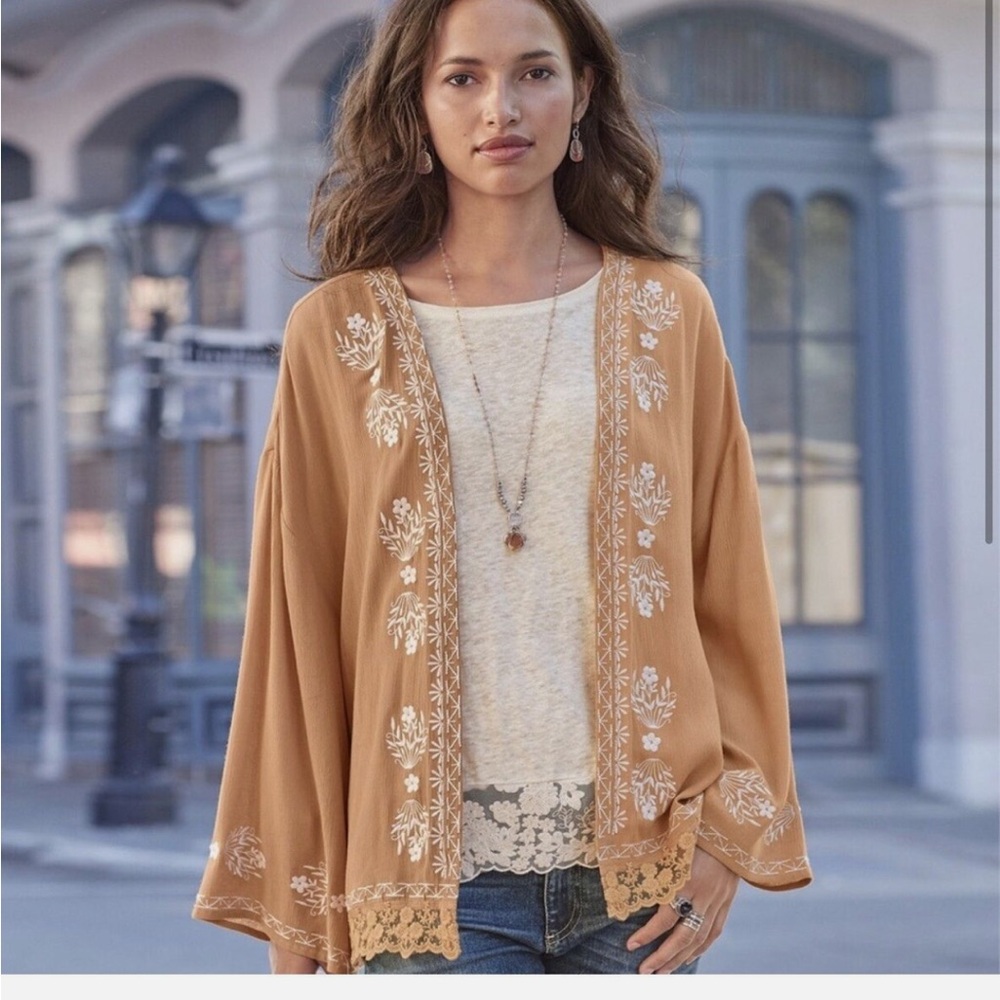 Sundance Boho Embroidered Floral Lace Tan Cardigan Women’s Size XS